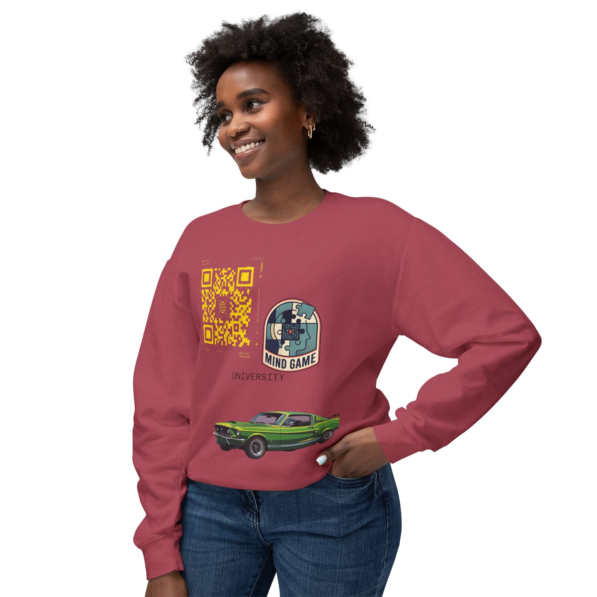Vintage Green Muscle Car Crewneck Sweatshirt — "Mind Game" Patch & QR Design