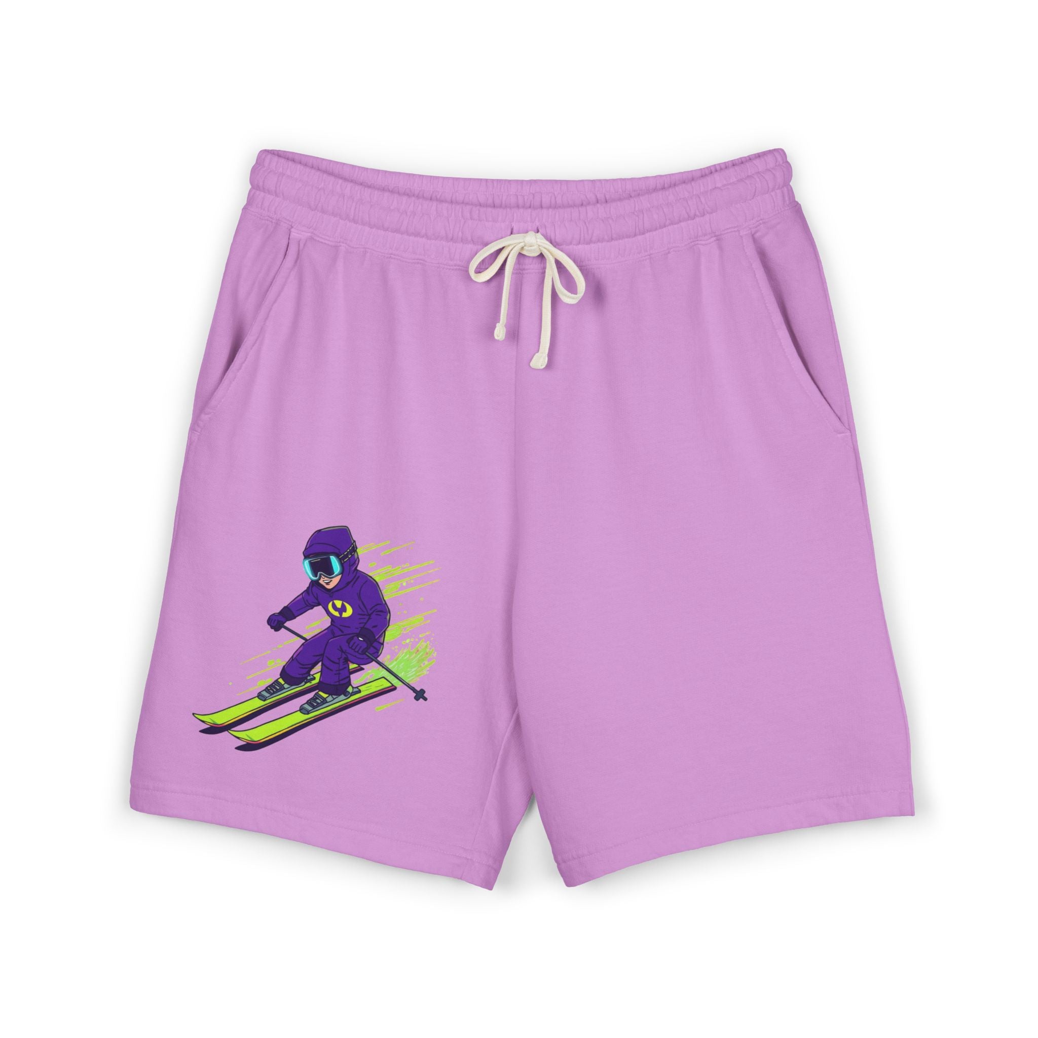 Ski Racer Fleece Sweat Shorts — Retro Neon Skiing Graphic