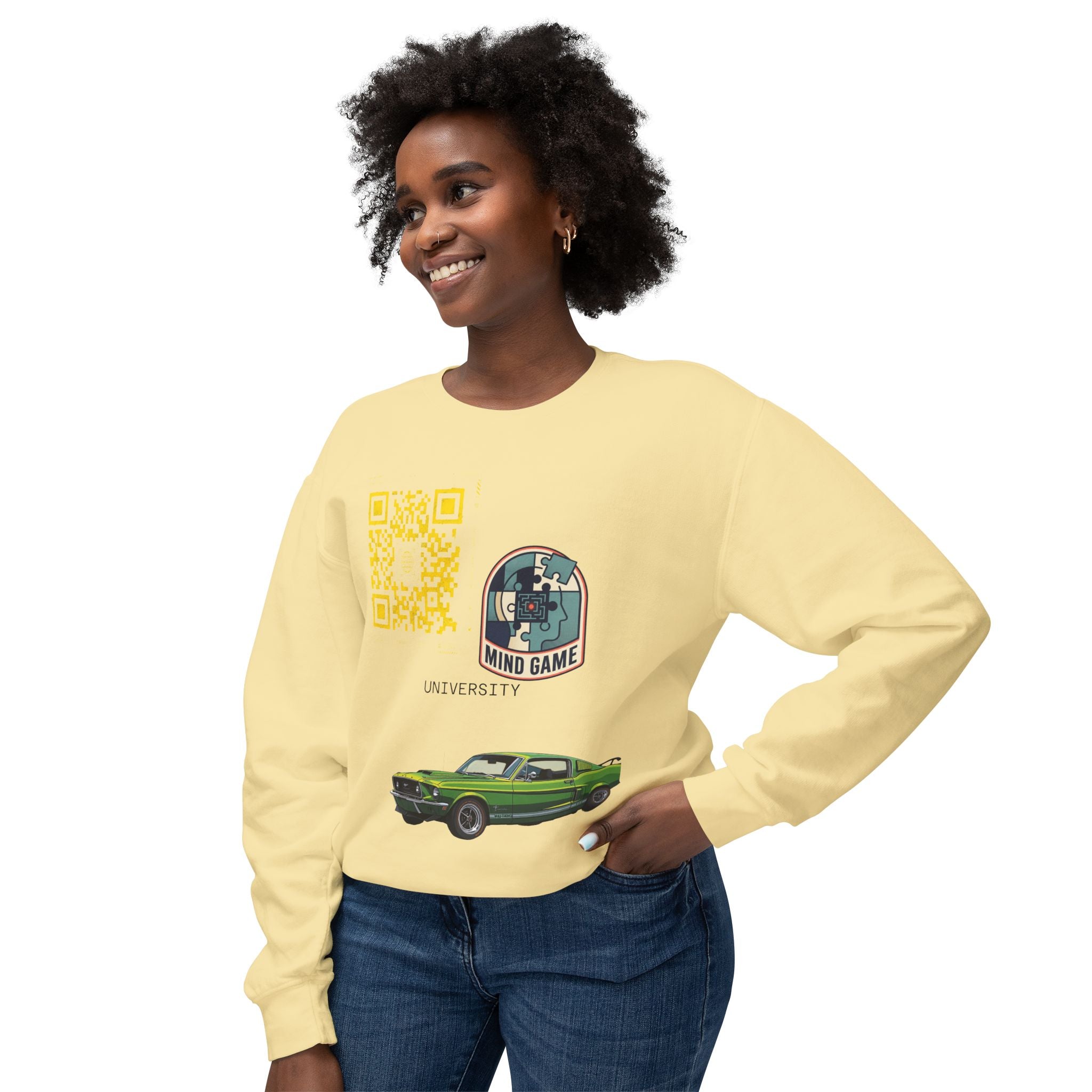 Vintage Green Muscle Car Crewneck Sweatshirt — "Mind Game" Patch & QR Design