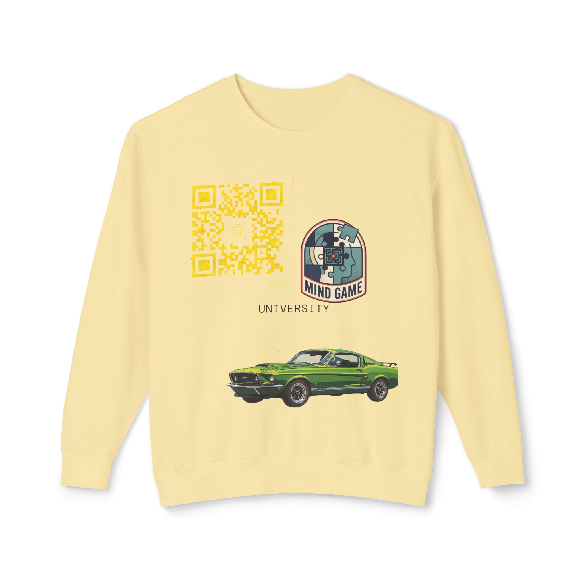 Vintage Green Muscle Car Crewneck Sweatshirt — "Mind Game" Patch & QR Design