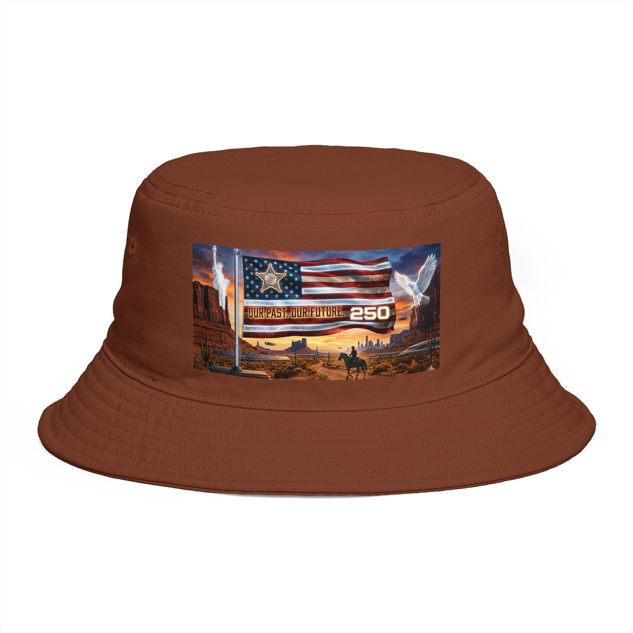 Patriotic Western Bucket Hat — American Flag, Desert Rodeo 250 Patch