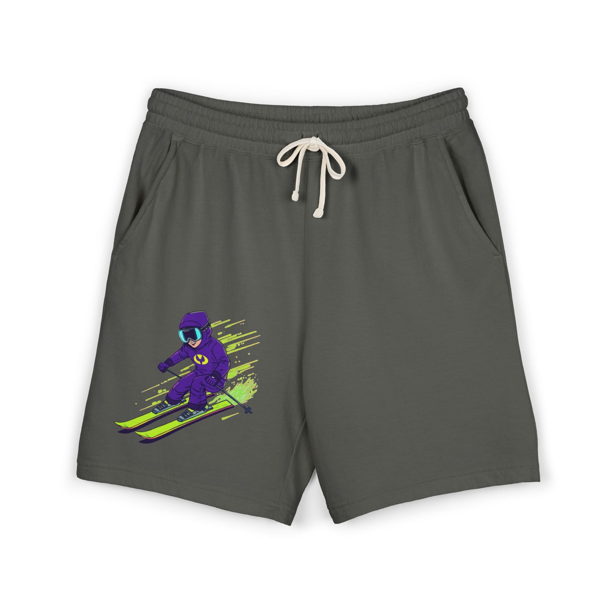 Ski Racer Fleece Sweat Shorts — Retro Neon Skiing Graphic