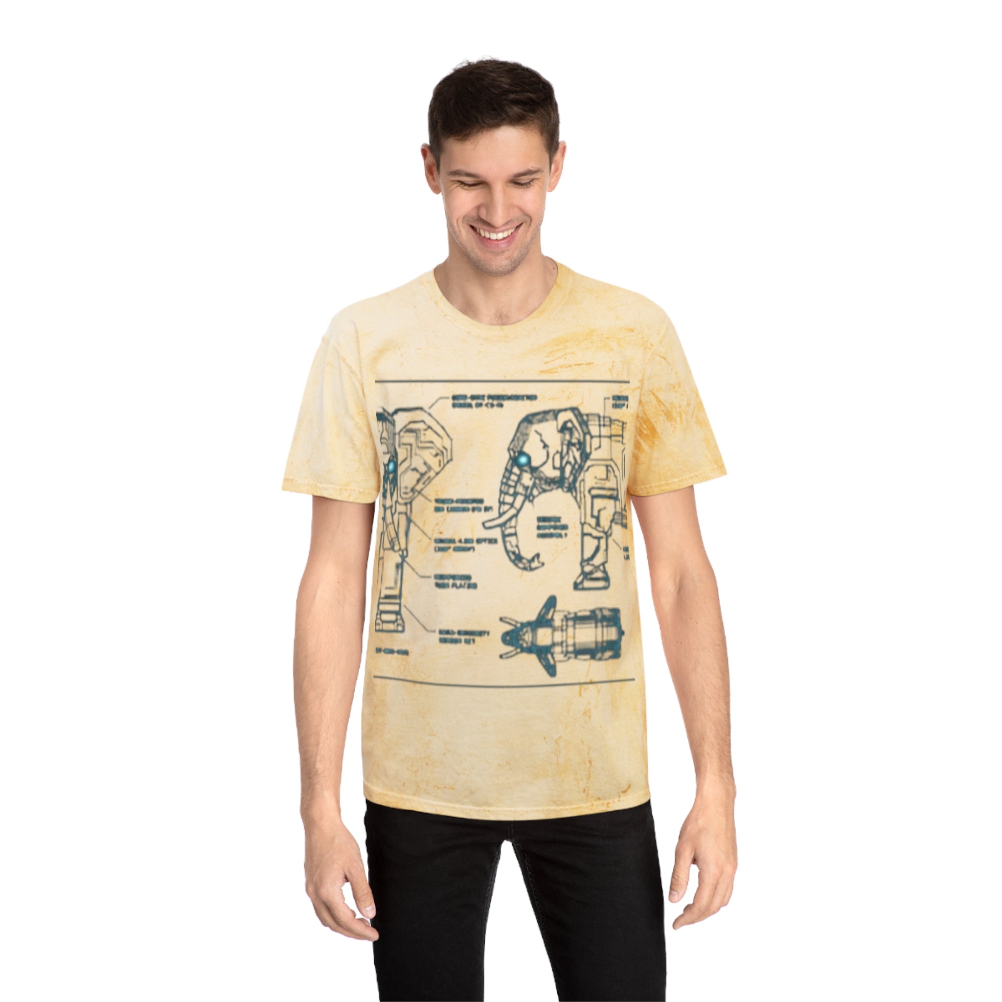 Retro Blueprint Elephant Tee — Vintage Sci‑Fi Blueprint Graphic T-Shirt