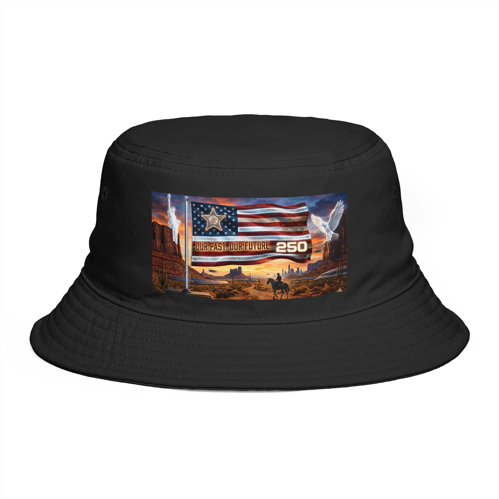 Patriotic Western Bucket Hat — American Flag, Desert Rodeo 250 Patch