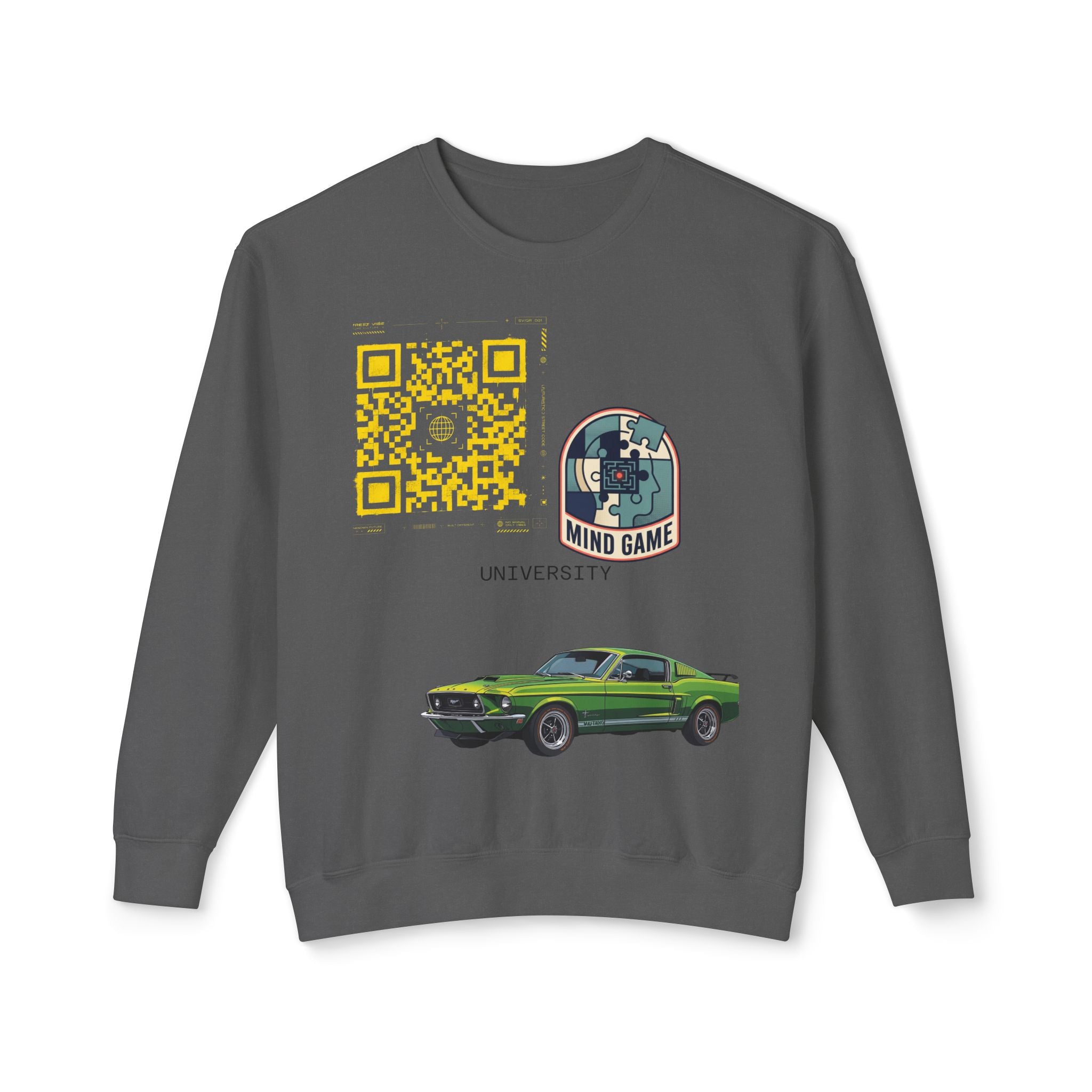 Vintage Green Muscle Car Crewneck Sweatshirt — "Mind Game" Patch & QR Design