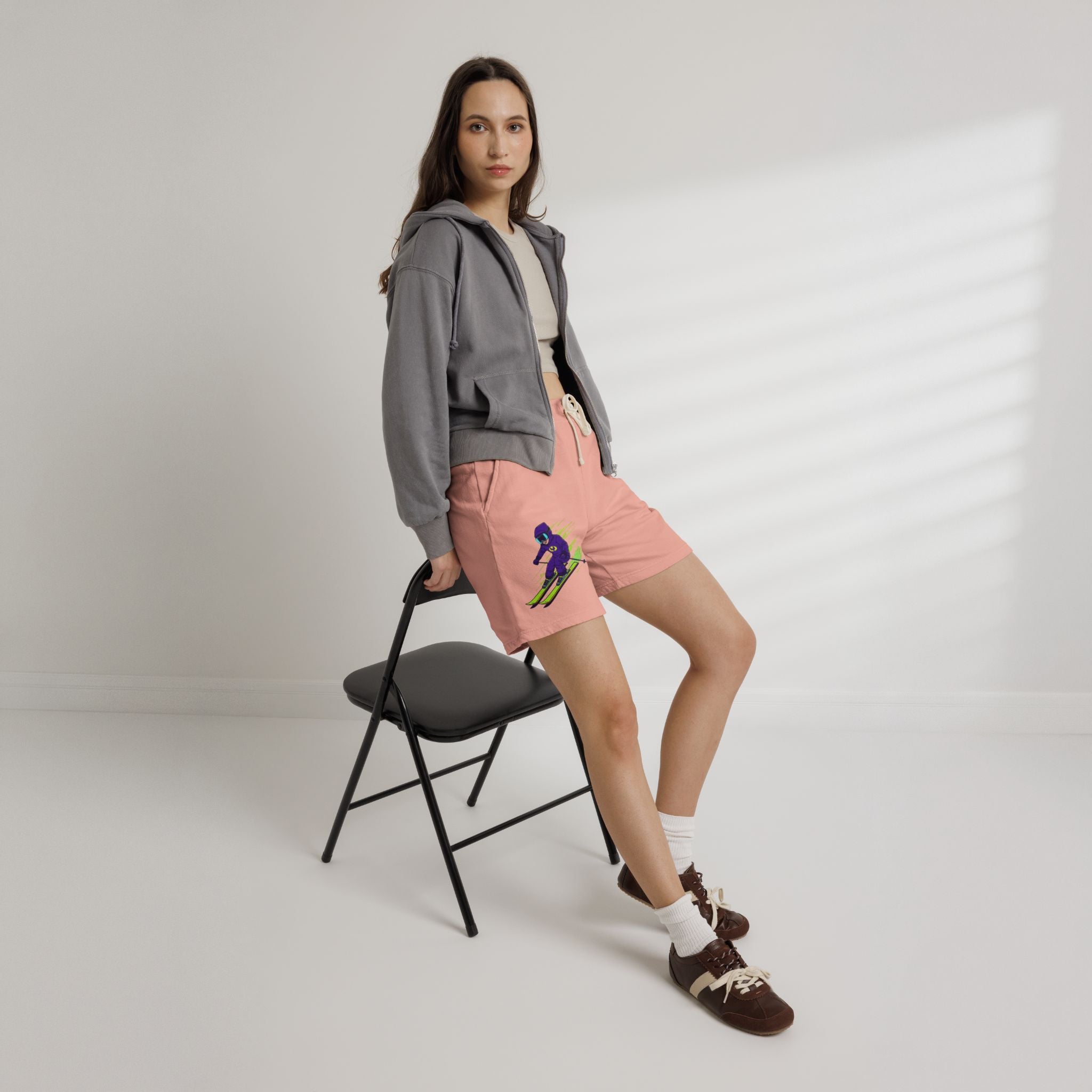 Ski Racer Fleece Sweat Shorts — Retro Neon Skiing Graphic