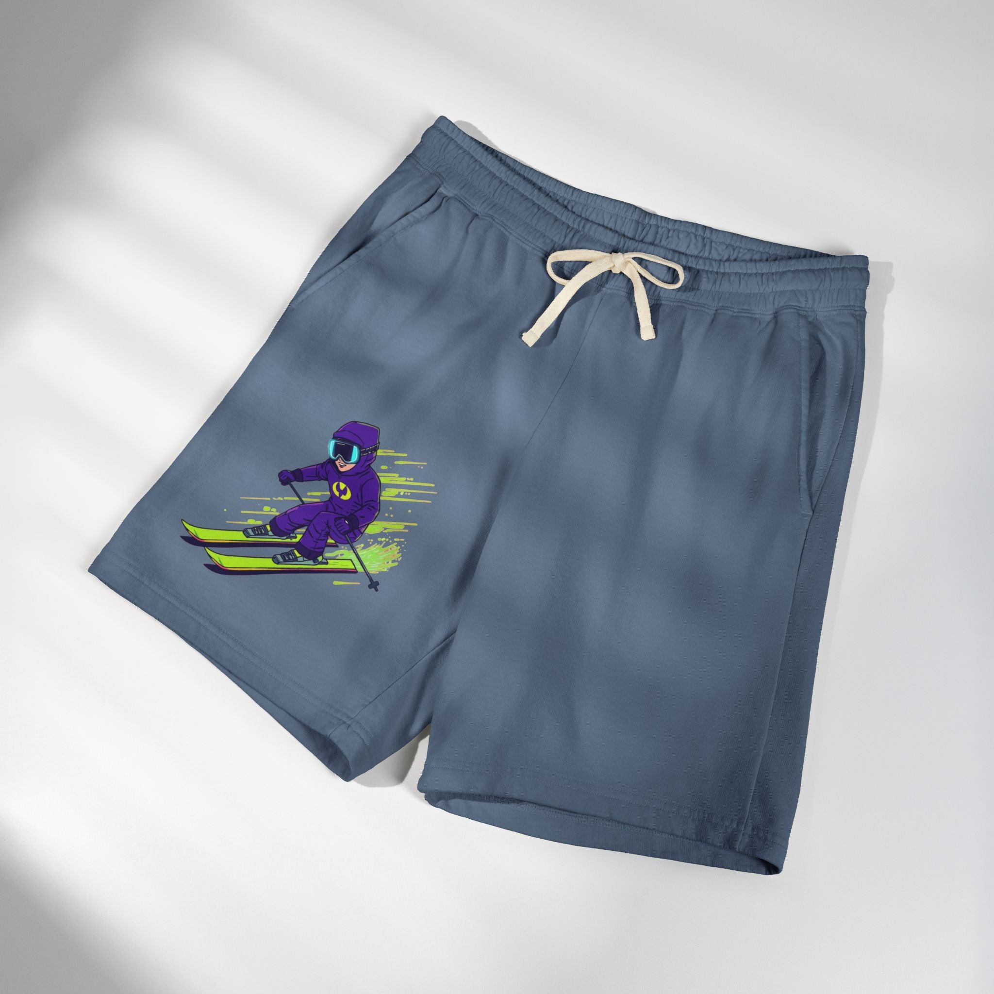 Ski Racer Fleece Sweat Shorts — Retro Neon Skiing Graphic