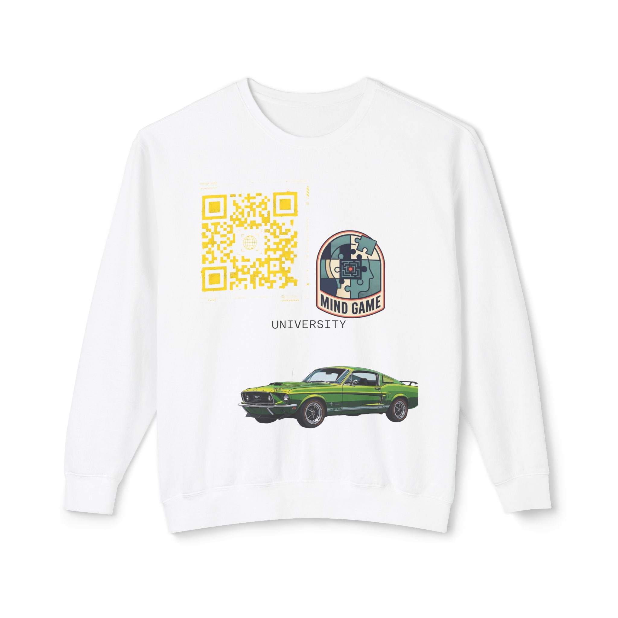 Vintage Green Muscle Car Crewneck Sweatshirt — "Mind Game" Patch & QR Design