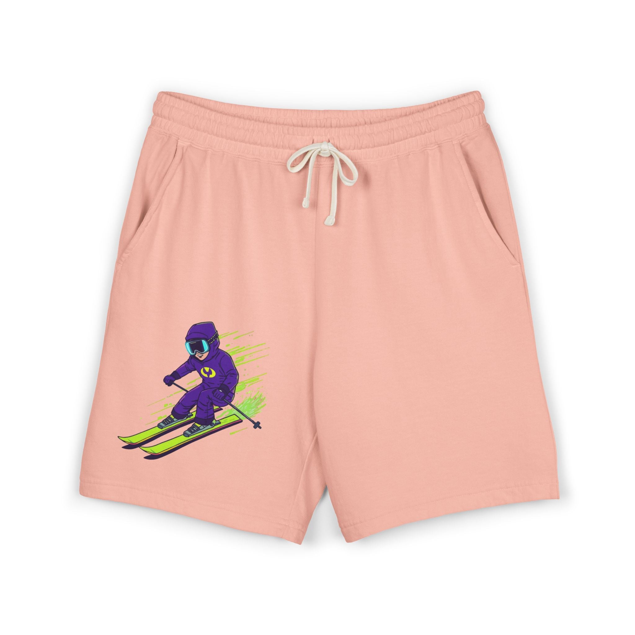 Ski Racer Fleece Sweat Shorts — Retro Neon Skiing Graphic
