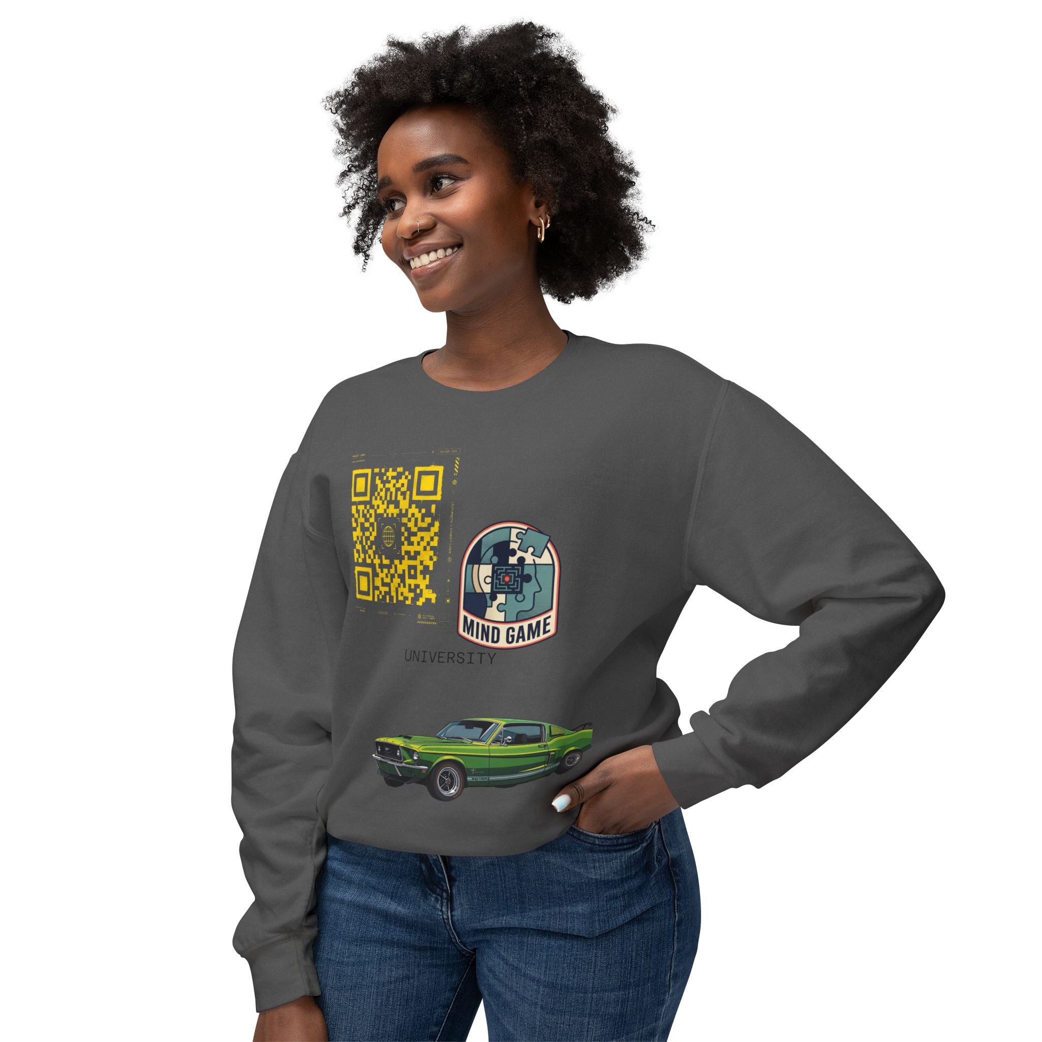 Vintage Green Muscle Car Crewneck Sweatshirt — "Mind Game" Patch & QR Design
