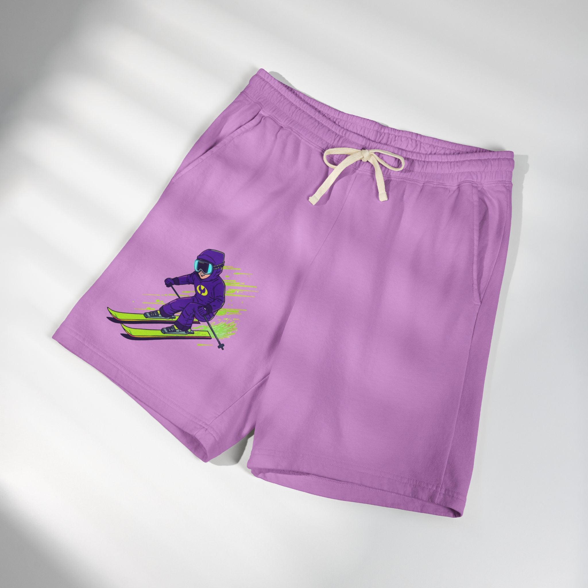 Ski Racer Fleece Sweat Shorts — Retro Neon Skiing Graphic