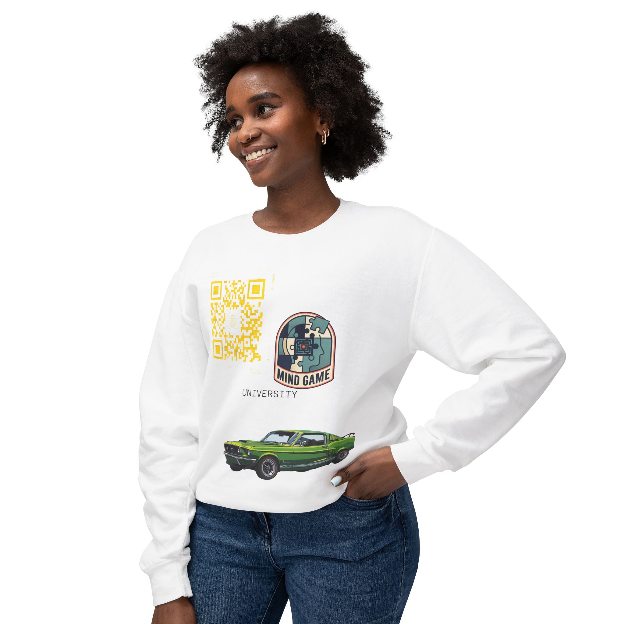Vintage Green Muscle Car Crewneck Sweatshirt — "Mind Game" Patch & QR Design