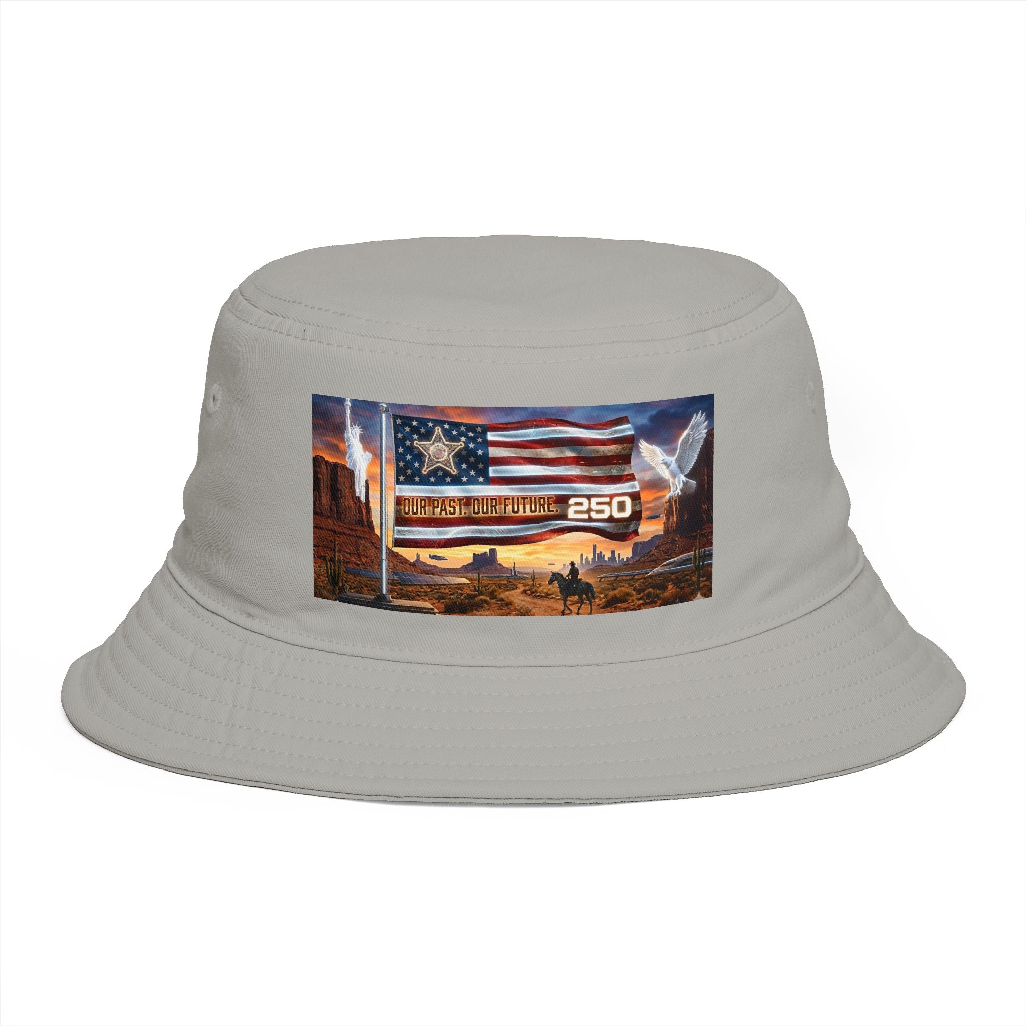 Patriotic Western Bucket Hat — American Flag, Desert Rodeo 250 Patch