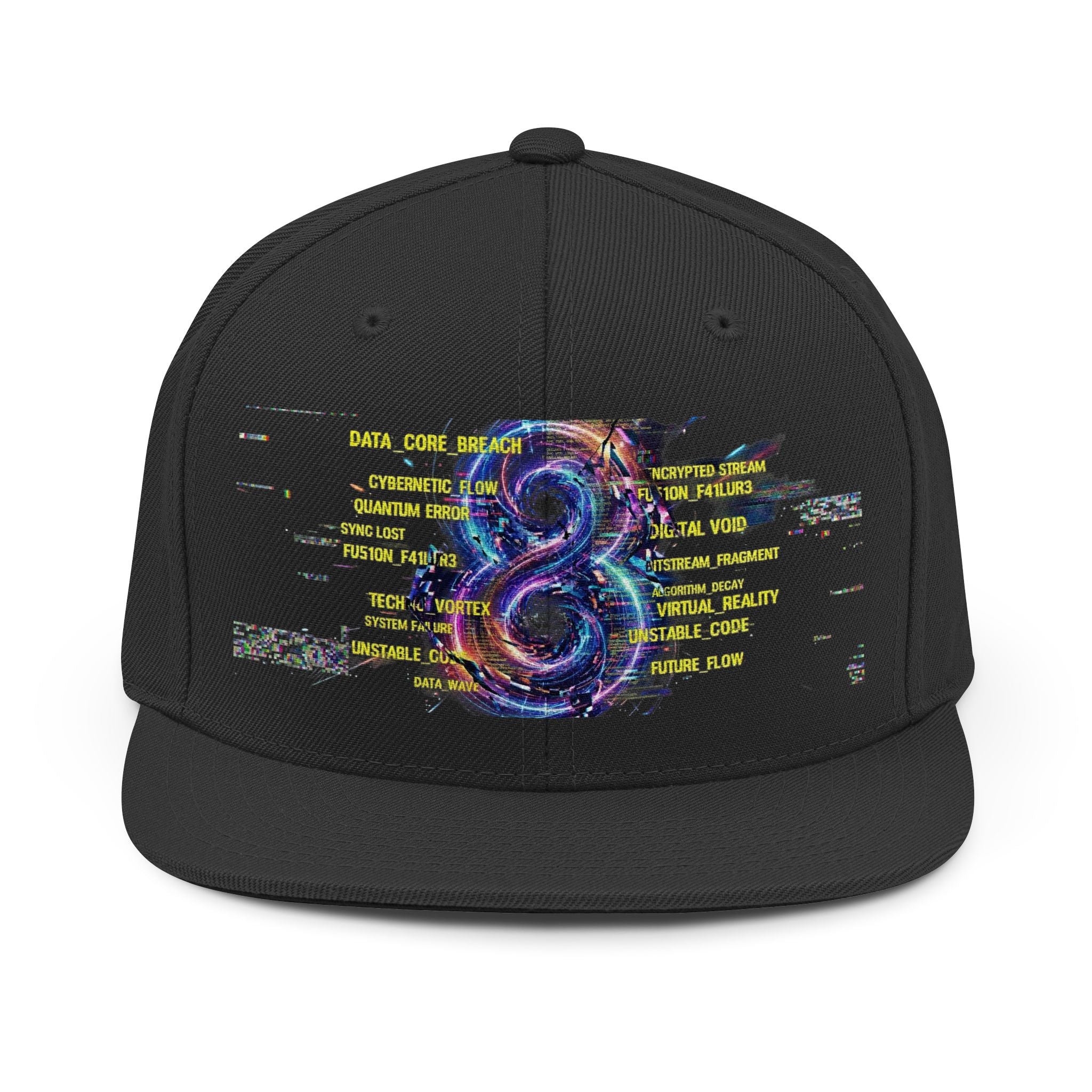 8 Glitch Art Snapback Hat – Neon Digital Infinity Cap