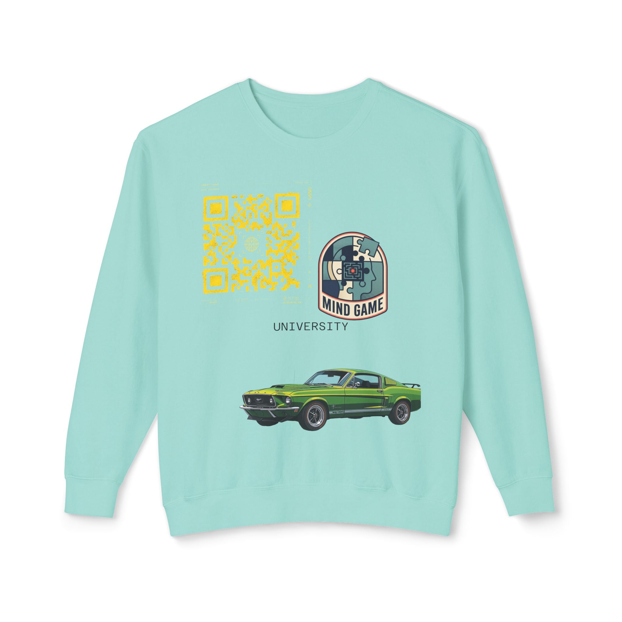 Vintage Green Muscle Car Crewneck Sweatshirt — "Mind Game" Patch & QR Design