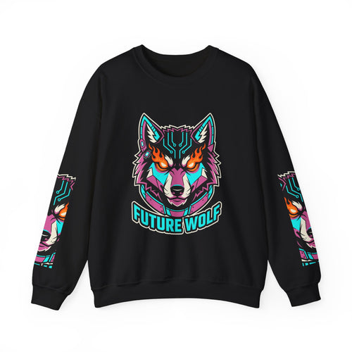 Cyber Wolf Crewneck Sweatshirt — Neon Futuristic Wolf Graphic