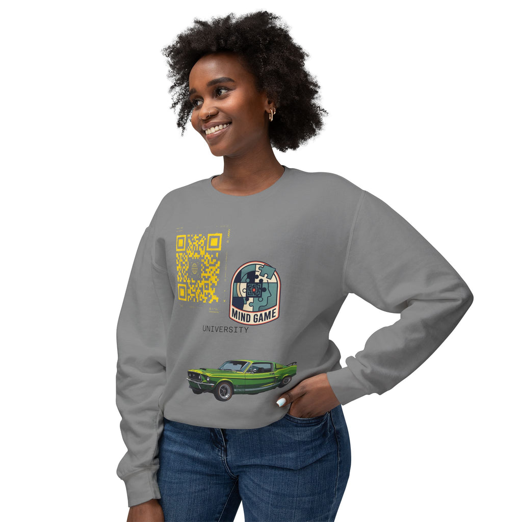 Vintage Green Muscle Car Crewneck Sweatshirt — "Mind Game" Patch & QR Design