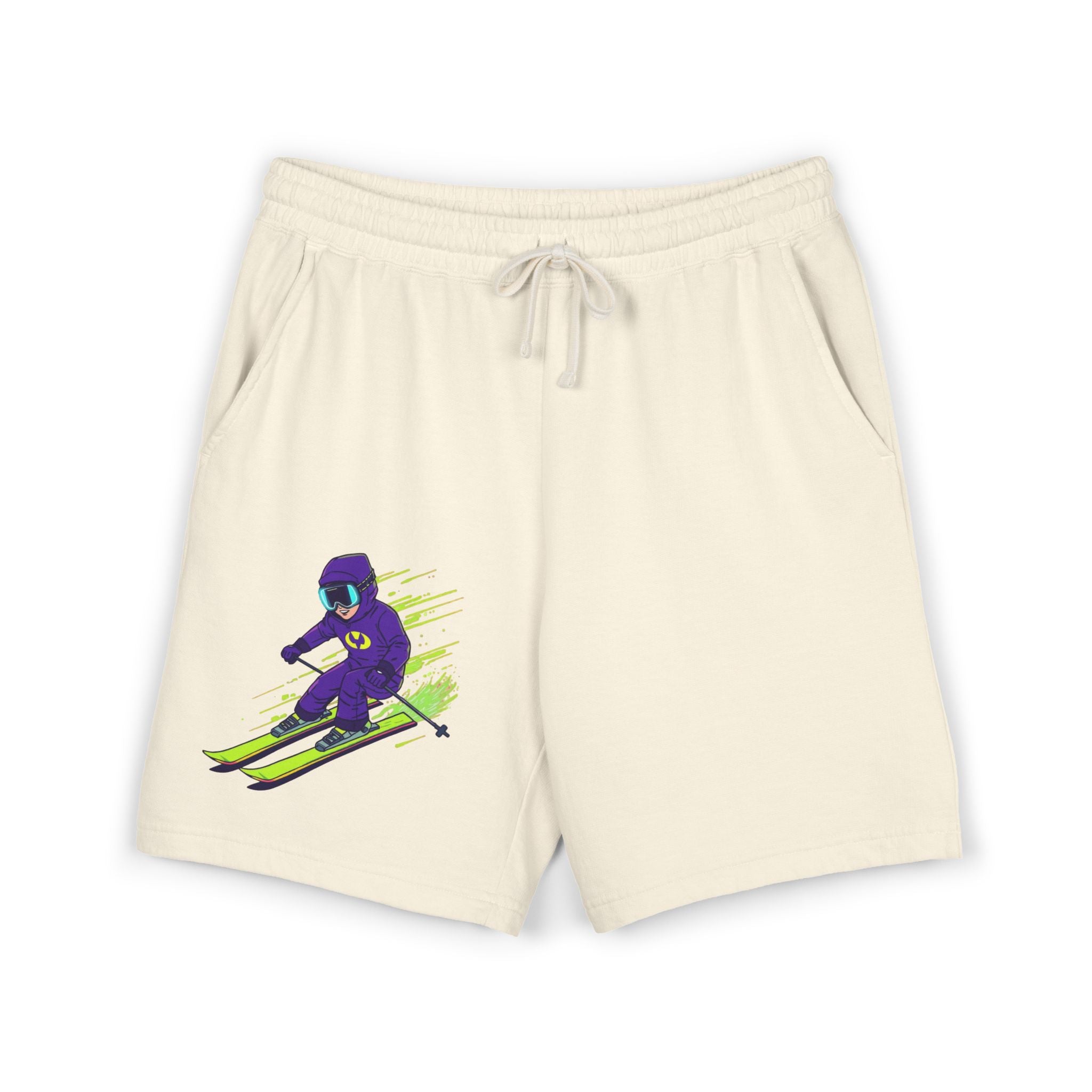 Ski Racer Fleece Sweat Shorts — Retro Neon Skiing Graphic