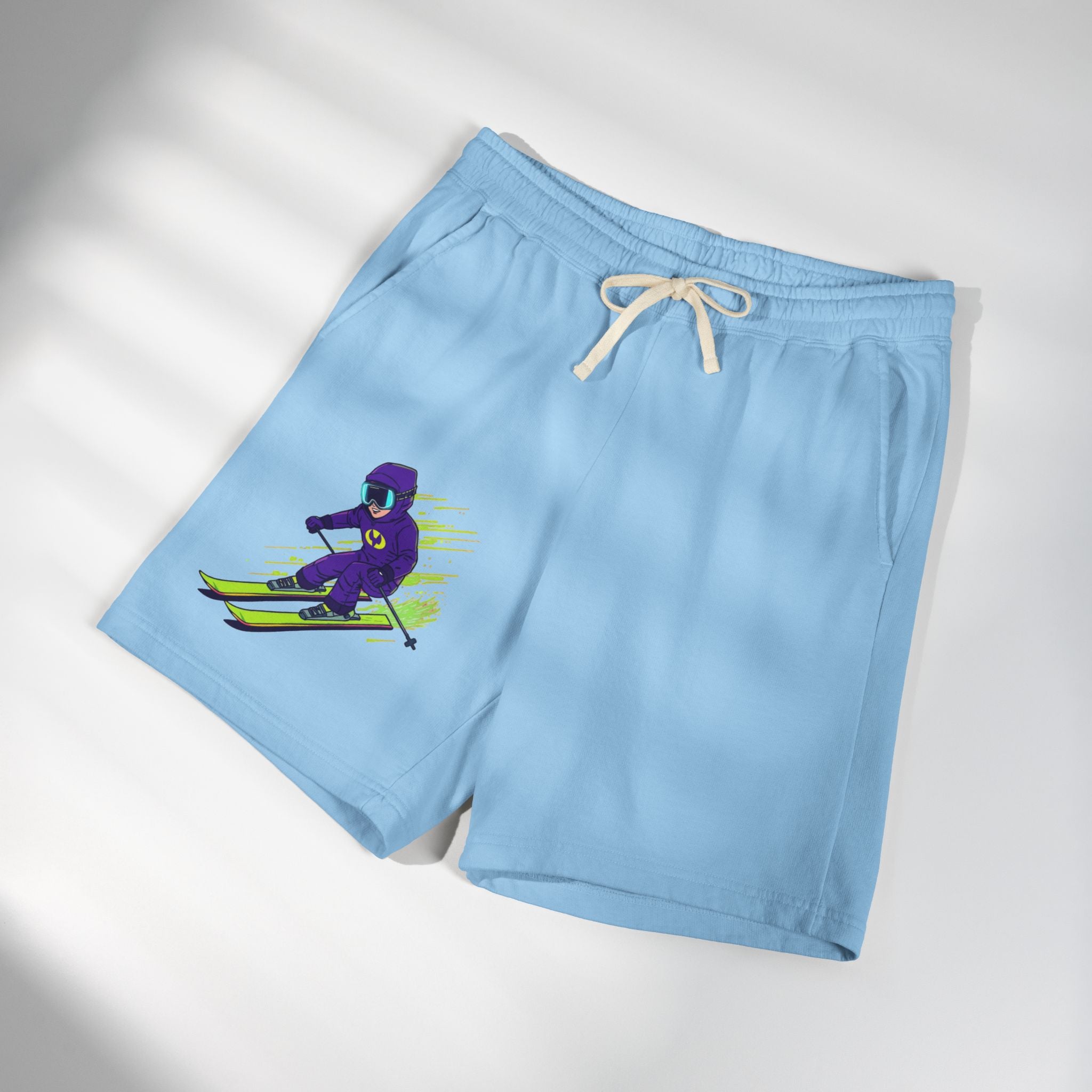 Ski Racer Fleece Sweat Shorts — Retro Neon Skiing Graphic