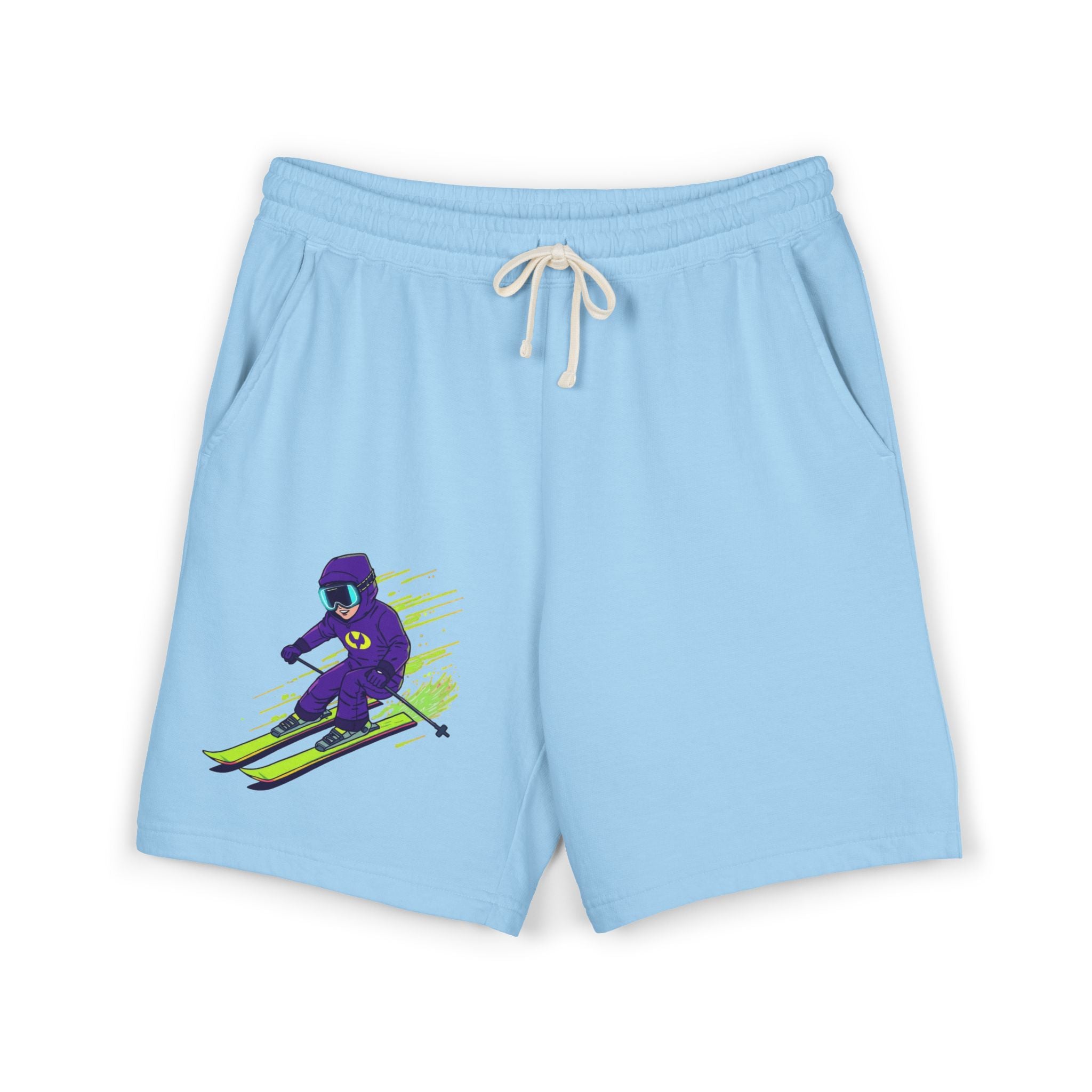 Ski Racer Fleece Sweat Shorts — Retro Neon Skiing Graphic