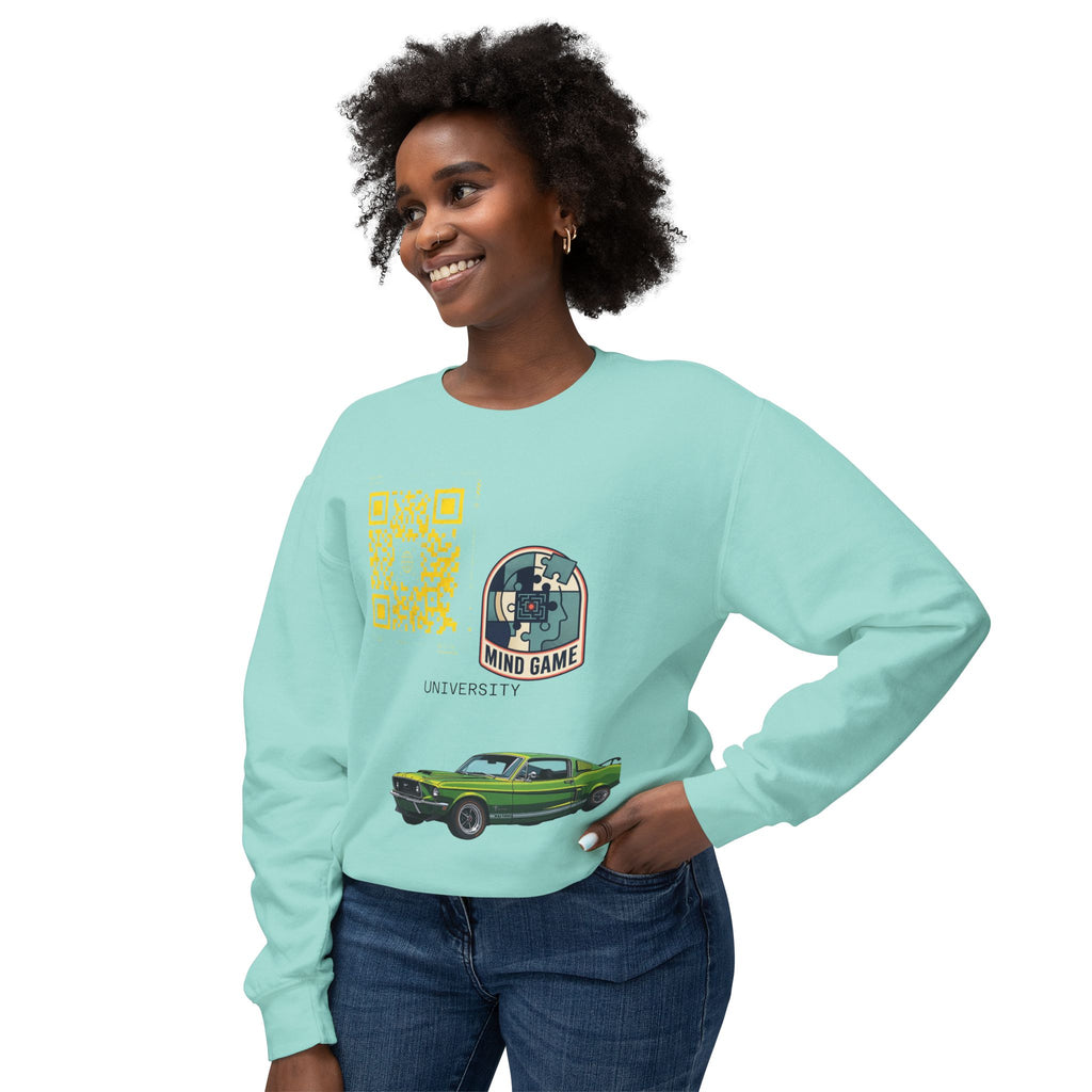 Vintage Green Muscle Car Crewneck Sweatshirt — "Mind Game" Patch & QR Design