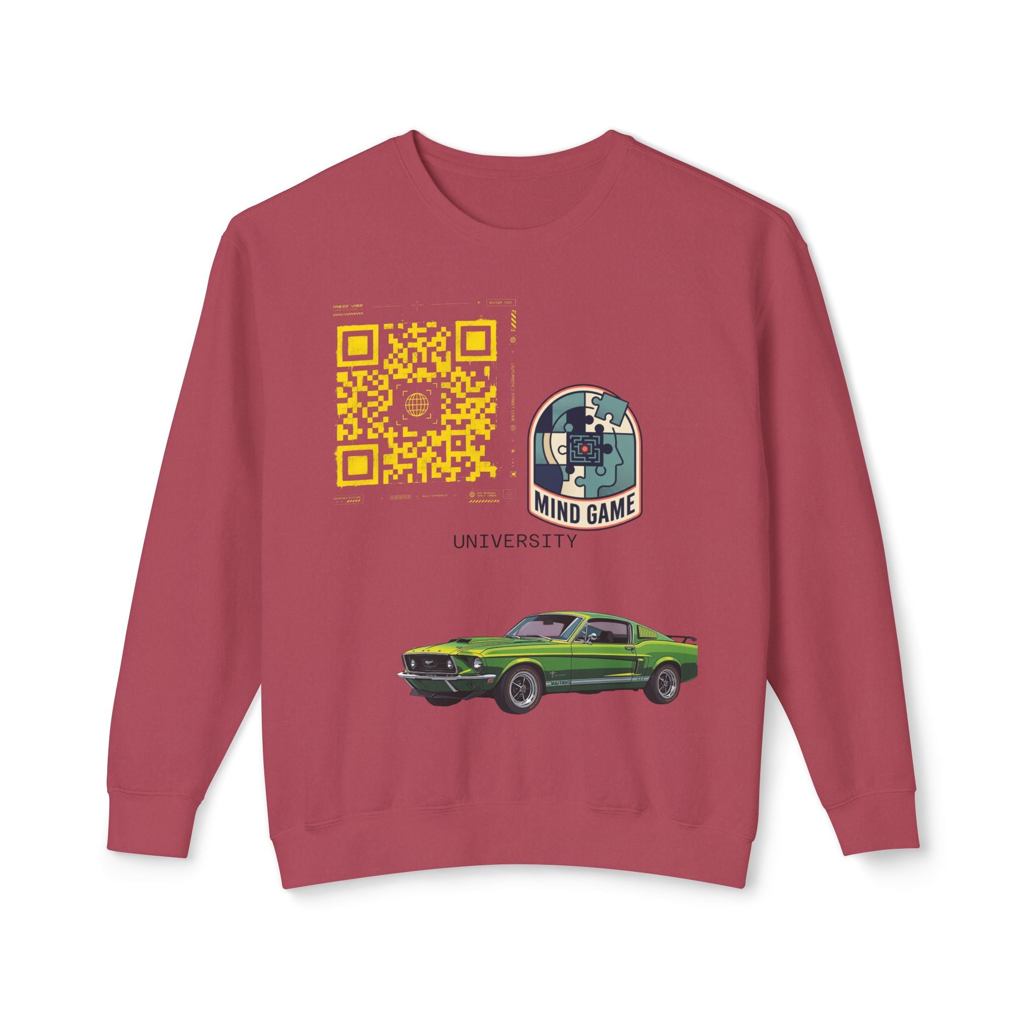 Vintage Green Muscle Car Crewneck Sweatshirt — "Mind Game" Patch & QR Design
