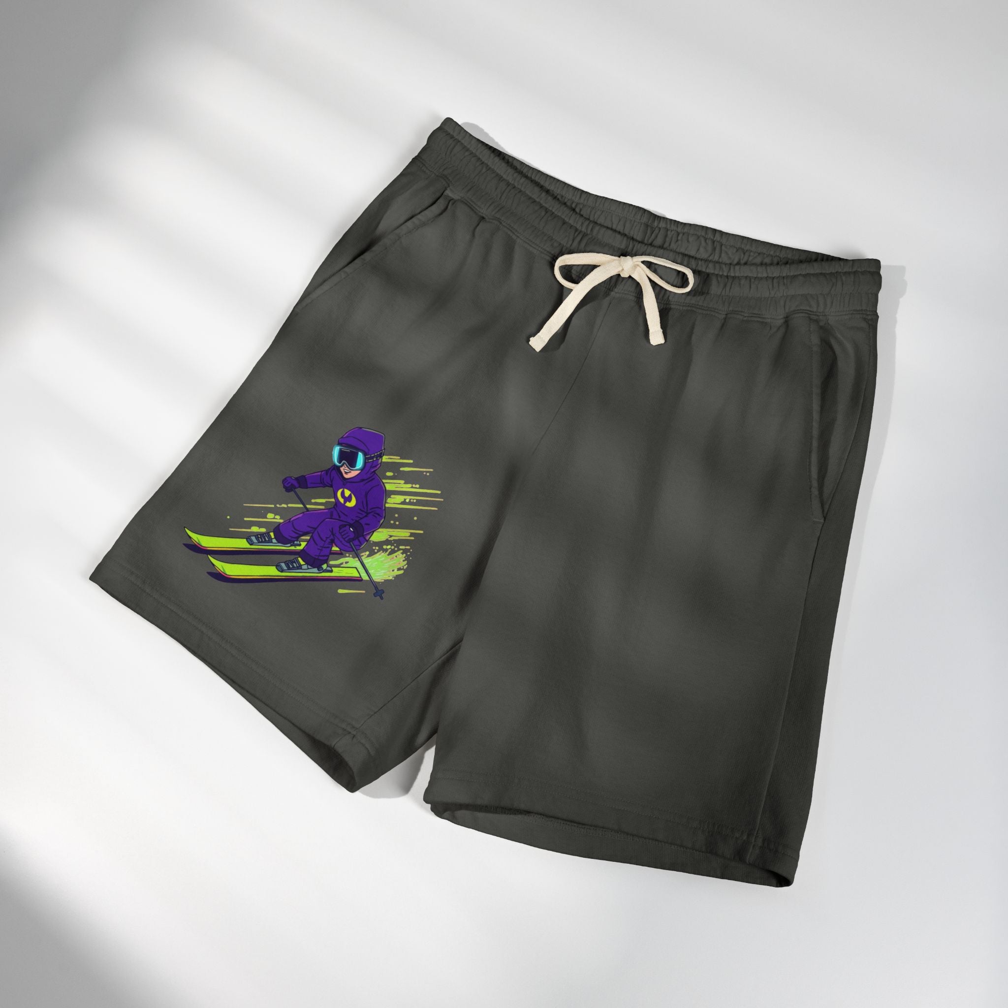 Ski Racer Fleece Sweat Shorts — Retro Neon Skiing Graphic