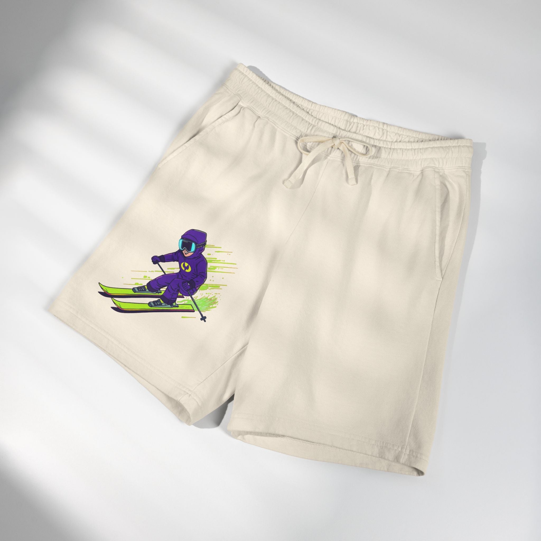Ski Racer Fleece Sweat Shorts — Retro Neon Skiing Graphic