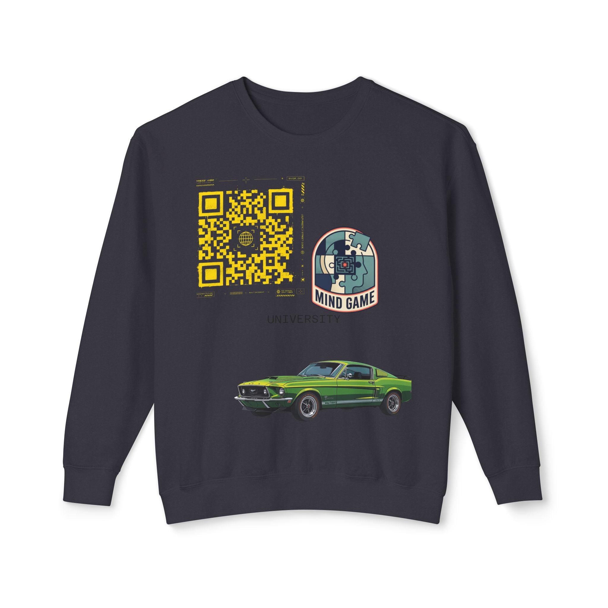 Vintage Green Muscle Car Crewneck Sweatshirt — "Mind Game" Patch & QR Design