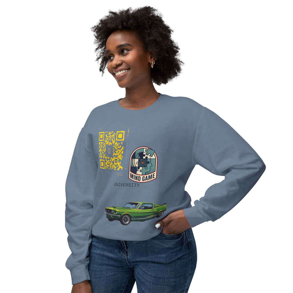 Vintage Green Muscle Car Crewneck Sweatshirt — "Mind Game" Patch & QR Design
