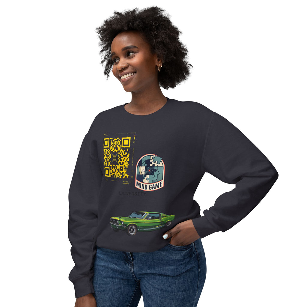 Vintage Green Muscle Car Crewneck Sweatshirt — "Mind Game" Patch & QR Design