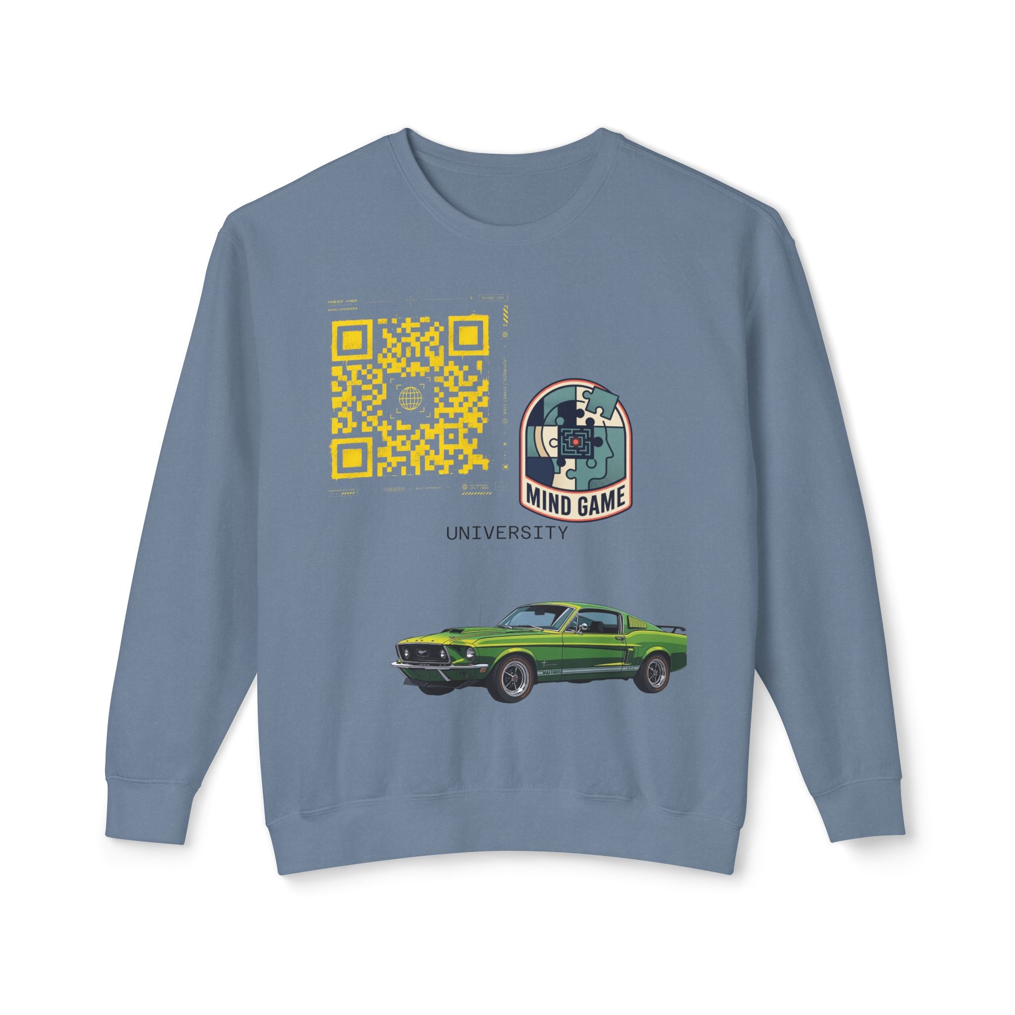 Vintage Green Muscle Car Crewneck Sweatshirt — "Mind Game" Patch & QR Design