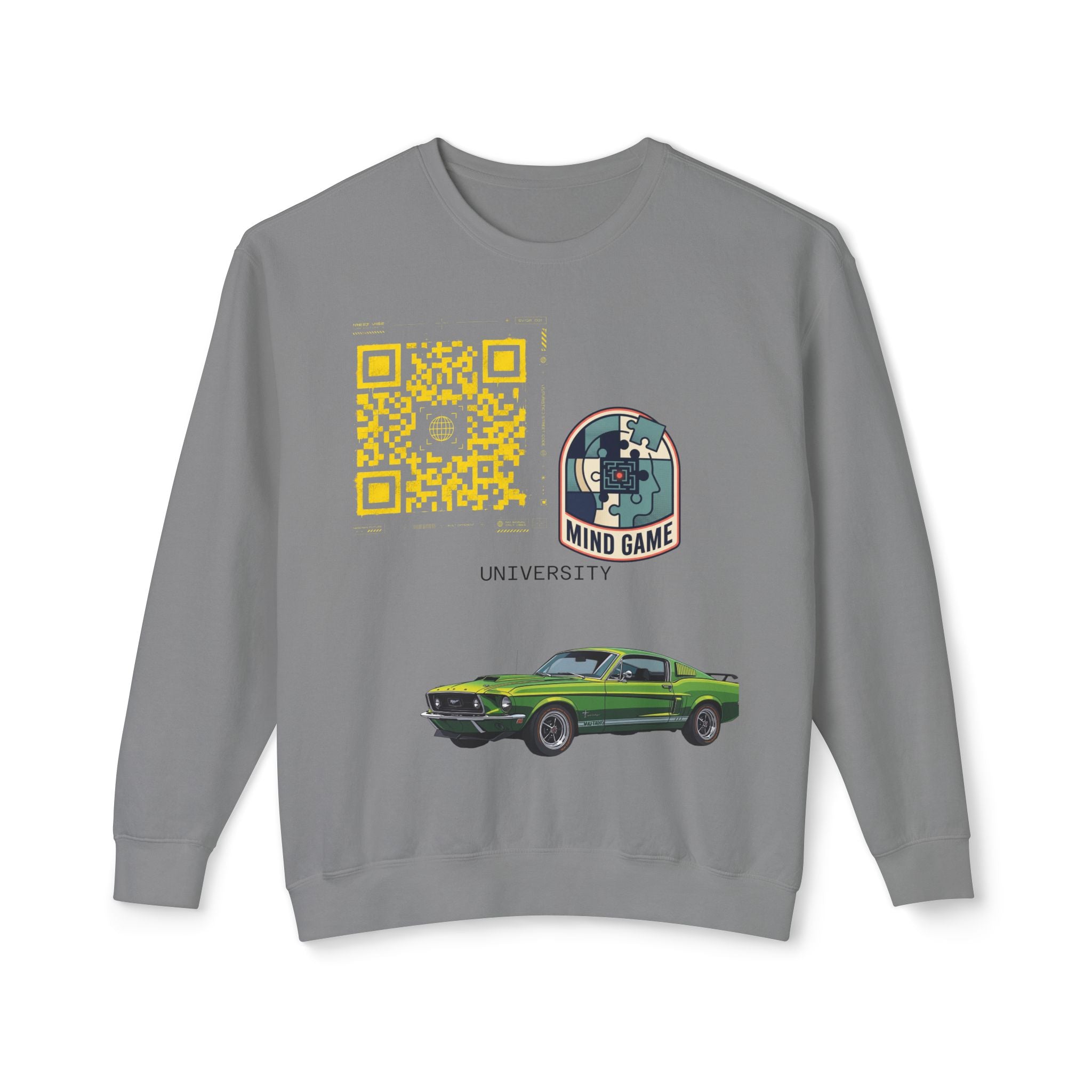 Vintage Green Muscle Car Crewneck Sweatshirt — "Mind Game" Patch & QR Design
