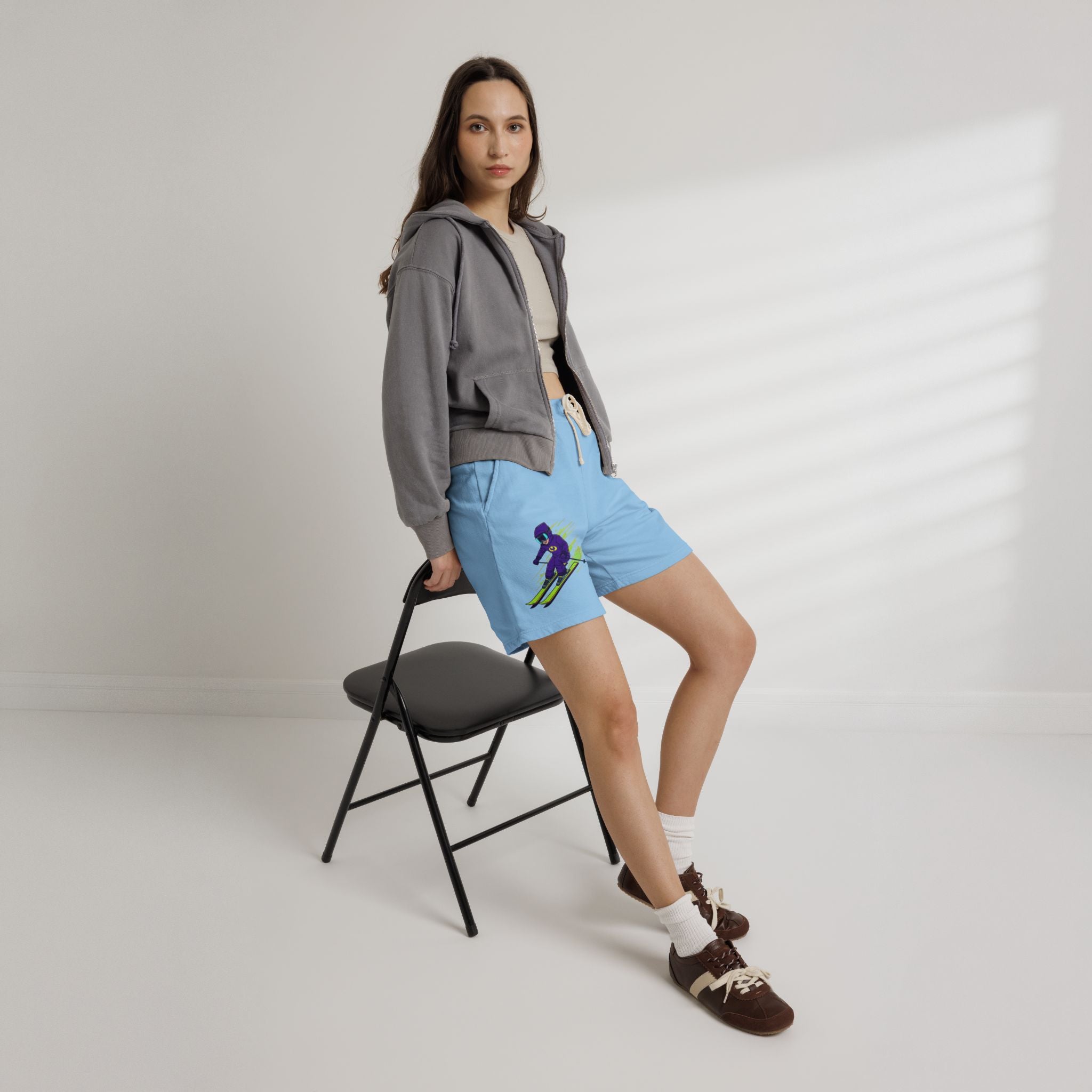 Ski Racer Fleece Sweat Shorts — Retro Neon Skiing Graphic